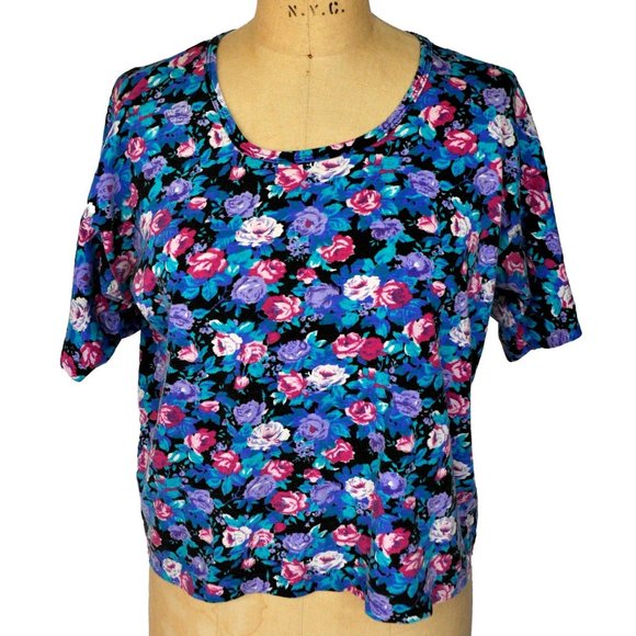 Vintage 80s Floral T-Shirt Crop Boxy Top Large - Picture 1 of 5